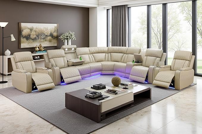 Power Recliner Sectional Sofa Set with LED, Living Room Furniture Sets, L-Shaped Recliner Sofa & 2 Chairs, Luxury Sectional Couch with Charging/Storage for Living Room