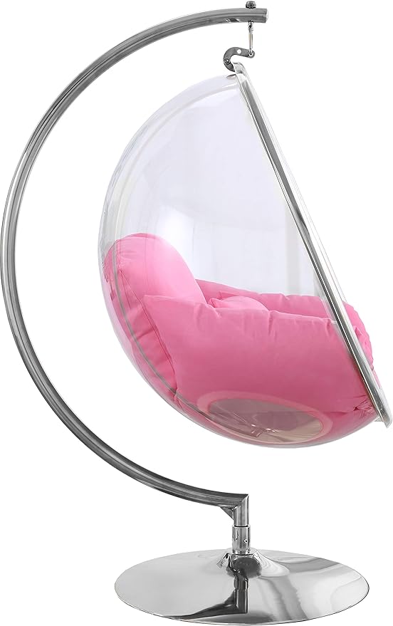Meridian Furniture 507Pink Luna Collection Modern | Contemporary Clear Acrylic Accent Swing Chair with Durable Metal Base and Fabric Seat, Pink, Chrome Finish, 41.5" W x 29.5" D x 64" H
