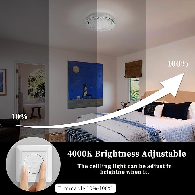Crystal Ceiling Light Fixture 13 Inch Flush Mount Ceiling Light LED 4000K Dimmable Modern Ceiling Lamp for Bedroom Bathroom Island
