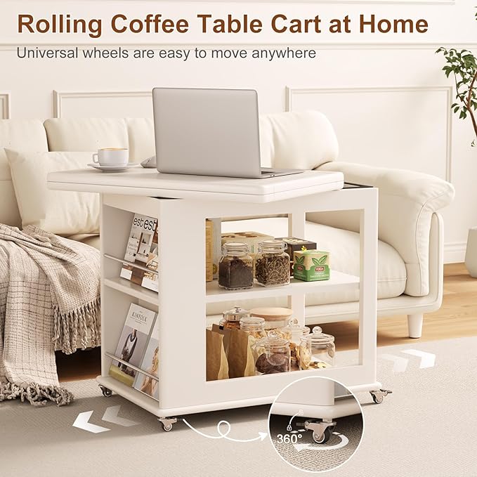 Folding Dining Table with Wheels, Solid Wood Dining Table Stylish 2-Tier Design for 2-4,White Hidden Storage for Living Room,Small Spaces, Dining Room, Kitchen