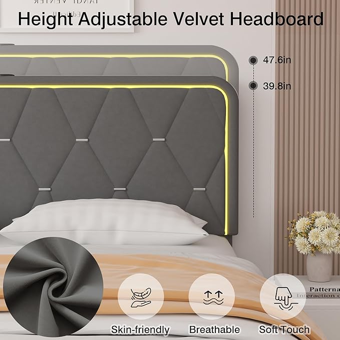 VECELO Upholstered Queen Bed Frame with Headboard Adjustable, Velvet Platform Bed with LED Lights, Charging Station, Mattress Foundation with Wooden Slats, Noise Free, No Box Spring Needed, Soft Grey