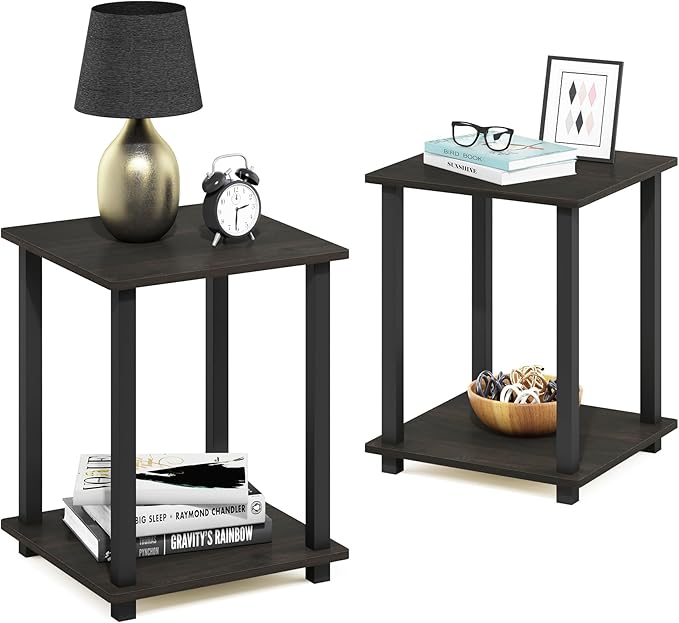 Furinno SIMPLISTIC Side Table Set of 2, 2-Tier Square Modern End Table, Nightstand, Night Stand, Bedside Table, Toolless Assembly, for Living Room, Bedroom, Espresso