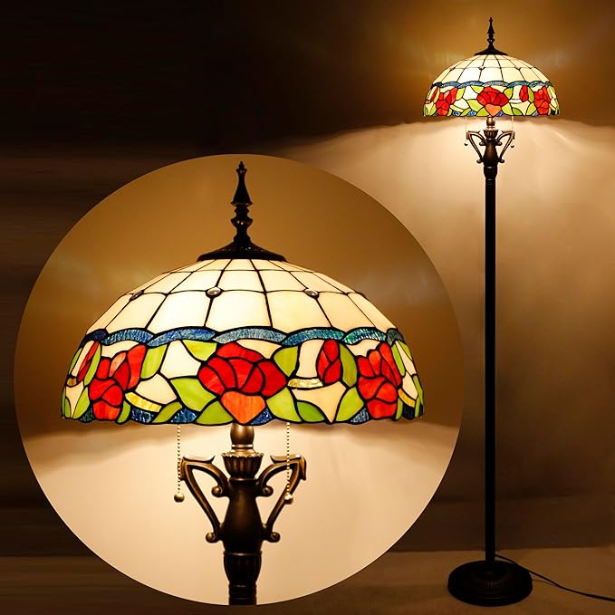 Tiffany Floor Lamp Rose Flower Style Stained Glass Standing Reading Light 16X16X66 Inches Antique Pole Corner Lamp Decor Bedroom Living Room