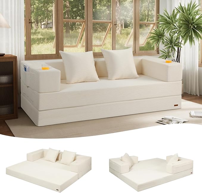 COMAX Boneless Couch, Futon Sofa Bed Couches Versatile Queen for Living Room, 79" 4 in 1 Convertible Sleeper Corduroy Couch Foam in a Box, Foldable Fold Out Floor Mattress No Assembly Required, Beige