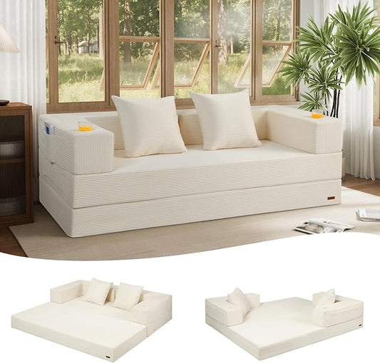COMAX Boneless Couch, Futon Sofa Bed Couches Versatile Queen for Living Room, 79" 4 in 1 Convertible Sleeper Corduroy Couch Foam in a Box, Foldable Fold Out Floor Mattress No Assembly Required, Beige
