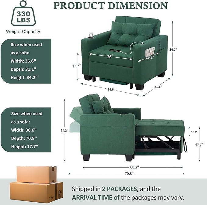 DURASPACE Pull Out Sofa Bed 3-in-1 Convertible Sofa Sleeper Chair Bed with USB, Cup Holder, Adjustable Armchair Beds for Small Spaces, Apartment, Living Room, Office (Green Linen)