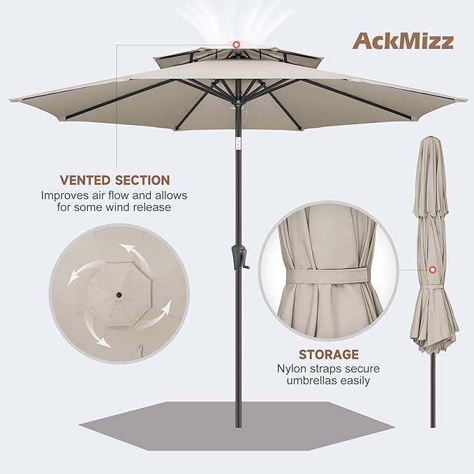 9ft Outdoor Patio Umbrella - 2-Tier Table Umbrella Waterprool UV Protection, Sombrillas de Patio with Push Button Tilt, Sun Umbrella for Pool, Porch, Garden, Backyard (Taupe)