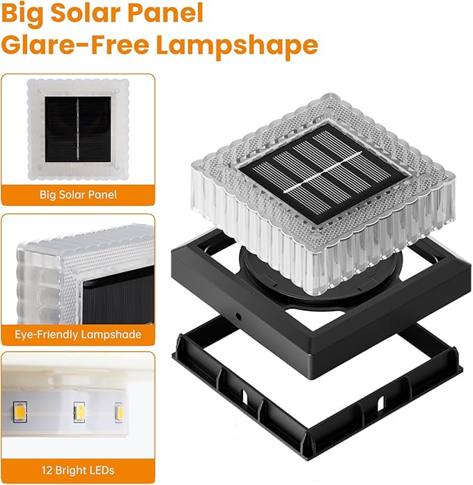 APONUO Solar Post Cap Lights, 8-Pack Fence Post Solar Lights with 20 Lumens 3-Sided Panoramic Glow, IP65 Waterproof Fence, Deck, Patio, Garden Decor, Easy No-Tool Install for 4x4 Posts, Black