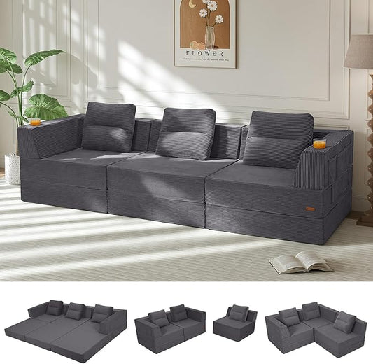 COMAX Futon Sofa Bed 3 Seater, 106" Convertible Sofa Bed Couches for Living Room, 4 in 1 Folding Boneless Sleeper Corduroy Couch Foam in a Box, Comfy Foldable Lounge Fold Out Floor Mattress, Grey