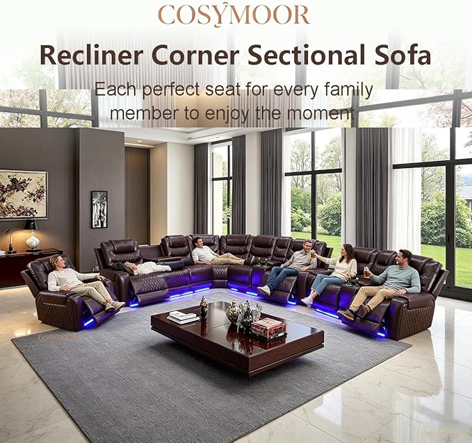 Power Breathing Leather Reclining Sofa, Power Recliner Sectional Sofa with Reading lamp/LED Light, Sectional Reclining Loveseat Couch with Hide-Away Storage for Living Room
