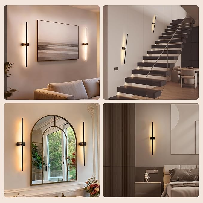 ONEWISH Battery Operated Wall Sconces Set of 2, 27.75" Rechargeable Wall Lights with Remote & Removable Battery, 3-Color Dimmable Wireless Sconces for TV Wall Decor, Picture Light, Bedroom, Black