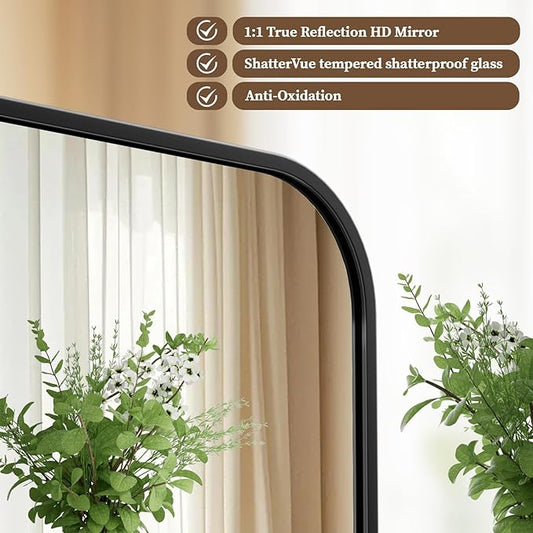 BEAUTYPEAK 30" x 40" Black Metal Frame Rectangle Vanity Mirror with Rounded Corners, Wall Mounted Bathroom Mirror for Farmhouse, Restroom, Entryway, Horizontal or Vertical Hanging