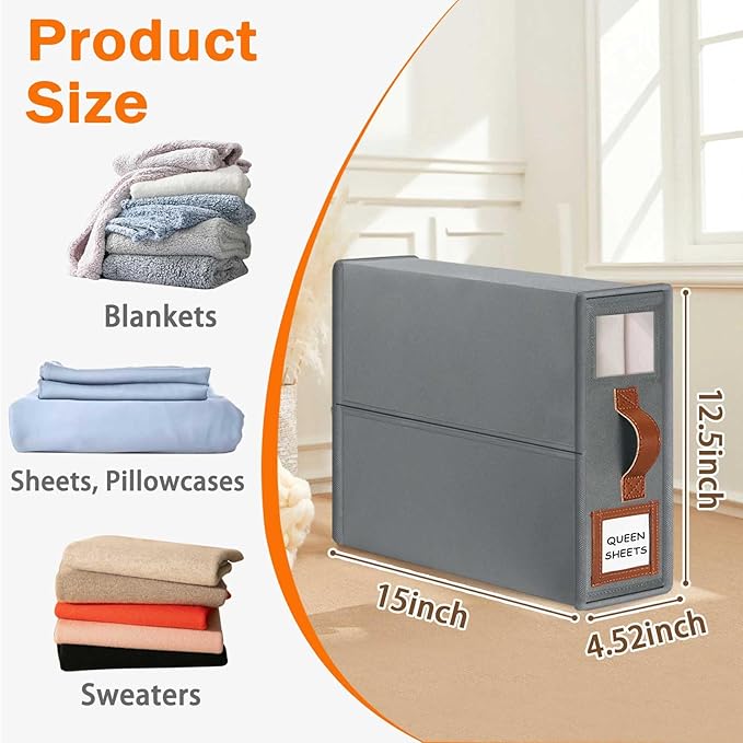 GhvyenntteS 6 Pack Bed Sheet Organizers and Storage, Sturdy Bed Sheet Organizer with Zipper and Handle, Foldable Linen Closet Organizers and Storage with Window and Label, Grey
