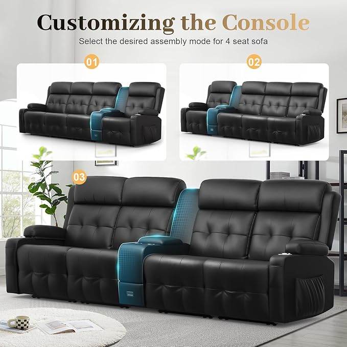 Recliner Sofa, 4 Seater Massage Reclining Loveseat Sofa Sets, 1 Single Power Recliner Chairs Heat & Massage, Heavy Weight Capacity, RV Clearance Love Seat Couch with Console, USB, Type C Port