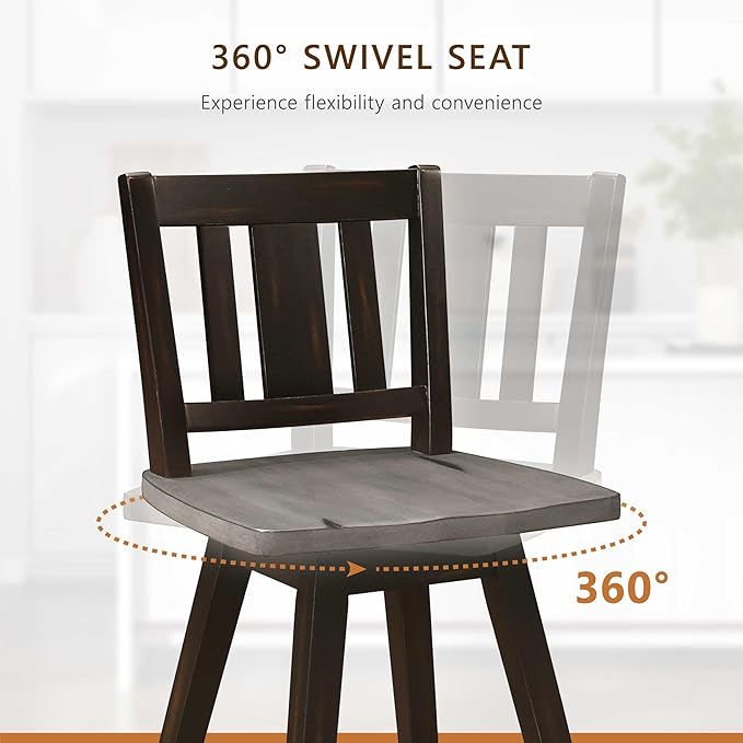 Lexicon Counter Height Stools Set of 2-Solid Wood Frame 360° Swivel Wooden Stools, Foot Rest, Slat Back, Wide Seat, Distressed Farmhouse Easy to Clean Finish, 24" SH, Antique Black/Grey