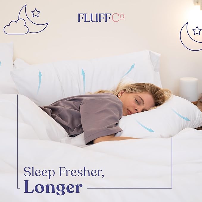 FluffCo Basics Down Alternative Bed Pillows - Cooling Cotton Shell with Supportive Gel-Fiber Fill - Pillows for Side, Back, and Stomach Sleepers - Made in USA - Standard/Queen Size, Set of 2