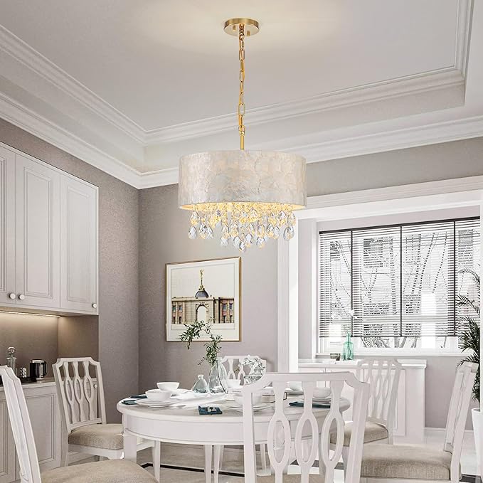 Medium Size 4-Light Drum Capiz Shell Crystal Chandeliers, Coastal Style Pendant Light Fixture for Dining Room, Living Room, D16 x 20~67"(Adjustable), Shell Lampshade & Gold Finish