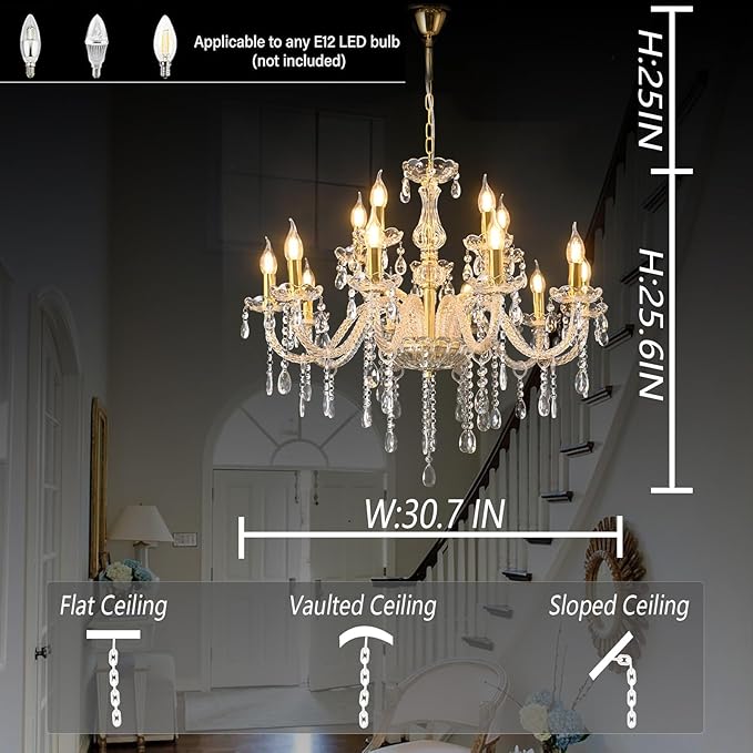 YYSHCHEN Gold Large Crystal Chandelier,30.7" Classic Large Chandelier for Dining Room, Living Room,Bedroom,Hallway,High Ceilings 15 Lights.