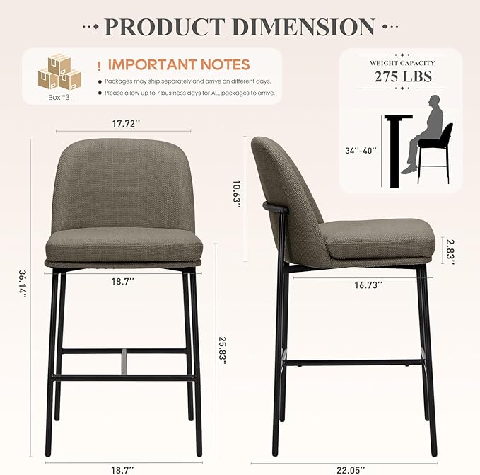 Bar Stools Set of 6, Modern Upholstered Counter Height Bar Chairs with Cushioned Seat and Curved Back, Fabric Kitchen Island Stools with Sturdy Metal Legs for Dining Room Island Bar, Brown