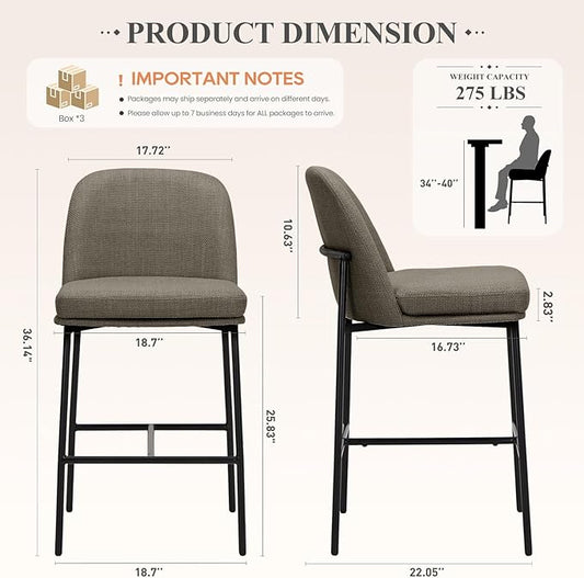 Bar Stools Set of 6, Modern Upholstered Counter Height Bar Chairs with Cushioned Seat and Curved Back, Fabric Kitchen Island Stools with Sturdy Metal Legs for Dining Room Island Bar, Brown