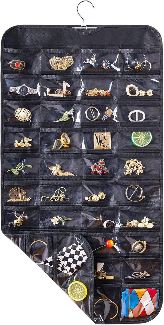 Bloss Hanging Jewelry Organizer and storage for Closet With 80 Pockets,Earring Organizer Hanging Holder Storage for Women Gift,Jewelry Organizer for Closet, Wall, Door-Black