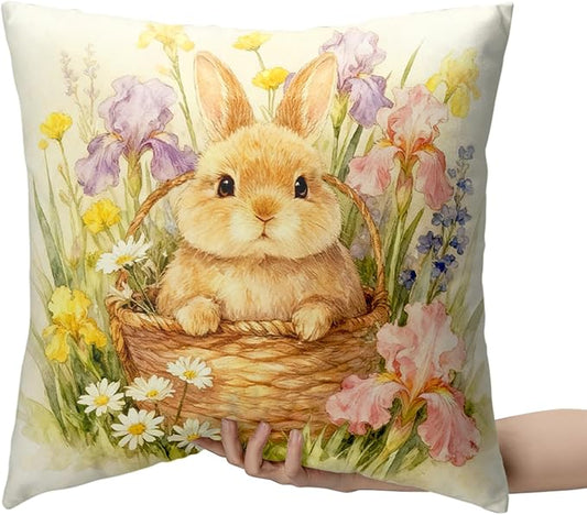 Easter Throw Pillow Covers Watercolor Lovely Bunny Pillow Covers 18x18 Spring Rabbit with Iris Daisy Floral Pillow Cases Happy Easter Farmhouse Cushion Cases for Home Sofa 2 Pack