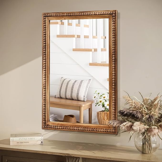 ULIKE Rectangular Wood Mirror with Natural Wooden Bead Frame, 24x36 Inch Rustic Farmhouse Wall Mirror for Bathroom Nursery Bedroom Living Room Brown