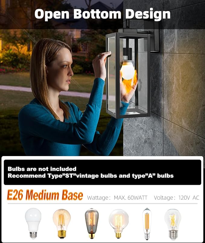 Dusk to Dawn Outdoor Wall Lantern - 18 Inch Exterior Wall Sconce with Sensor, Large Size Outdoor Wall Light for Porch Garage Light, E26 Socket, 1 Pack