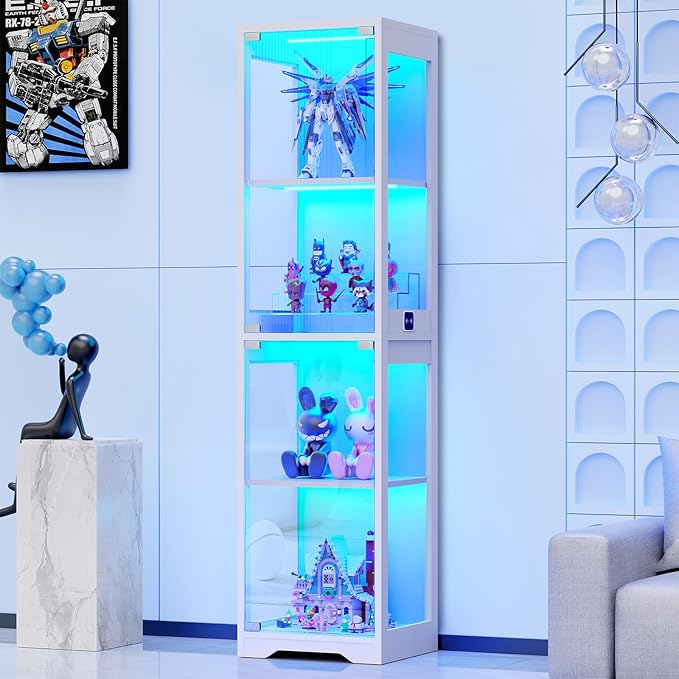 Glass Display Cabinet, 4-Tier Curio Cabinets with 3 Color Lights for Collectibles, Storage Cabinet with Door, Glass Display Case & Bookcase with Human Body Sensor, White