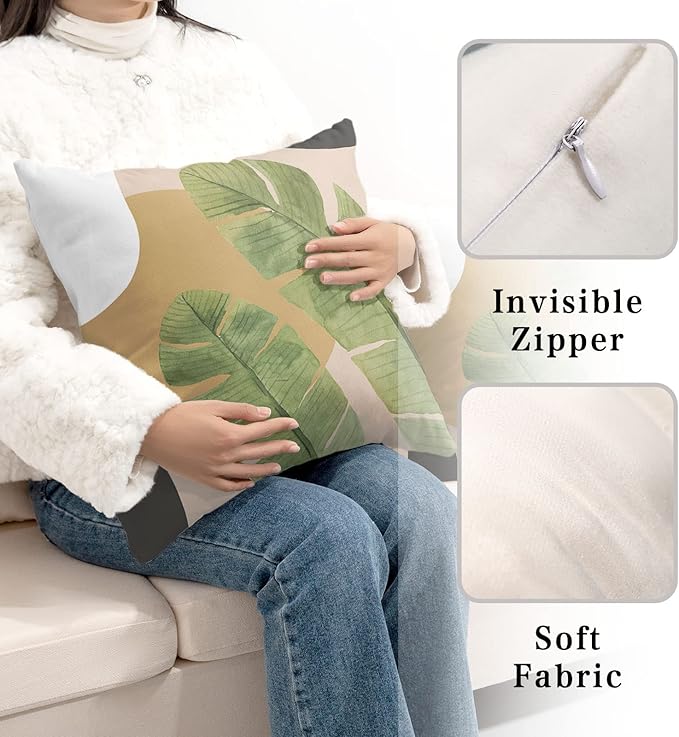 Summer Tropical Pillow Cover Green Leaves Throw Pillow Covers 18x18 Set of 2 Modern Home Decor Tropical Palm Tree Square Decorative Pillowcase for Sofa Bed Couch