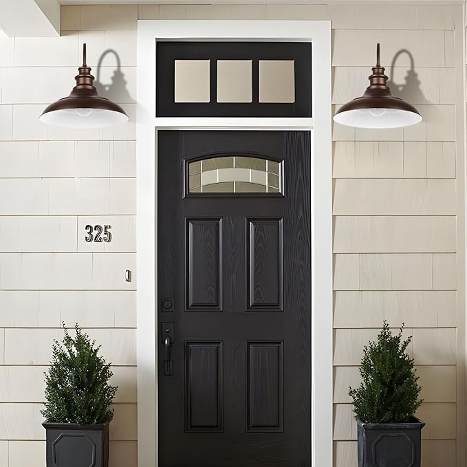 Dusk to Dawn Sensor Outdoor Barn Light Fixtures, 16 Inch Dome Farmhouse Outdoor Wall Sconces, Rustic Exterior Wall Mount Lights, Industrial Bronze White Wall Lanterns for Porch, 2 Pack