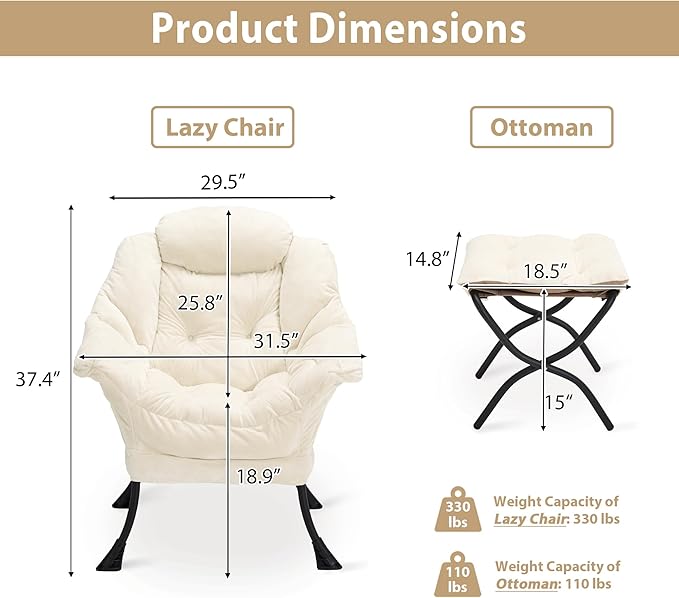 Lazy Chair with Folding Ottoman, Accent Chair Plush Upholstered with Metal Structure and Non-Slip Pads, Sofa Armchair with Footrest and Side Storage Bag for Dorm, Room, Office, Beige