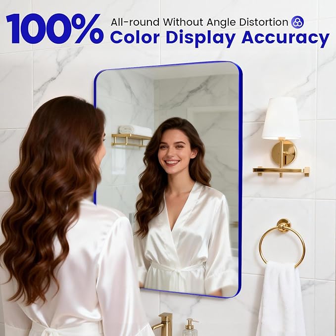 24" x 28" Blue Bathroom Mirror Wall Mounted, Matte Aluminum Alloy Frame with Rounded Corners, Shatterproof Tempered Glass, Anti-Rust HD Vanity Mirror for Bathroom, Bedroom, Entryway