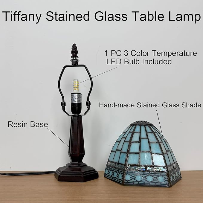 Small Tiffany Style Table Lamp,3 Color Temperature Grid Blue Stained Glass Table Lamps,Bedside Nightstand Night Light for Bedroom,Living Room, Dining Room W/LED Bulb,6X6X13Inch