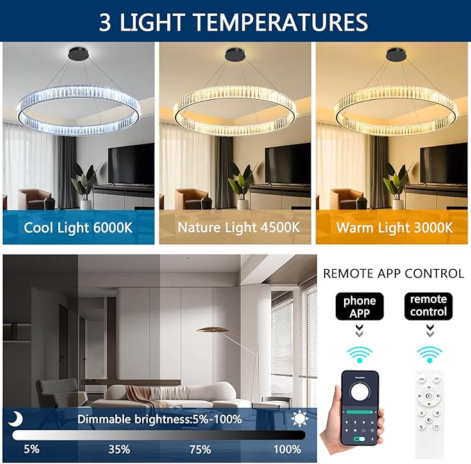 32'' Modern Ring Chandelier Crystal Chandeliers for Dining Room Round LED Dimmable Ceiling Light Fixture for Living Room Bedroom Lighting Black