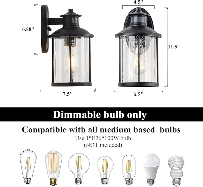 MICSIU 100W Max Motion Sensor Outdoor Wall Light, 3-Mode Dusk to Dawn Exterior Fixture, 1-Pack 11.5" Matte Black Anti-Rust Hardwired Security Sconce with Seedy Glass for Garage Porch Deck