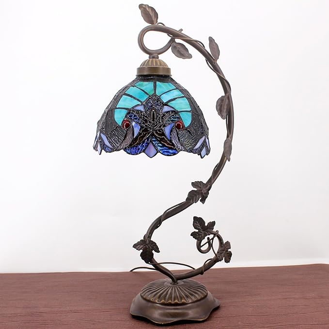 WERFACTORY Stained Glass Lamp Tiffany Style Bedside Table Lamp Reading Desk Light, Metal Leaf Base 8X10X21 Inches Decor Small Space Bedroom Home Office S160G Series