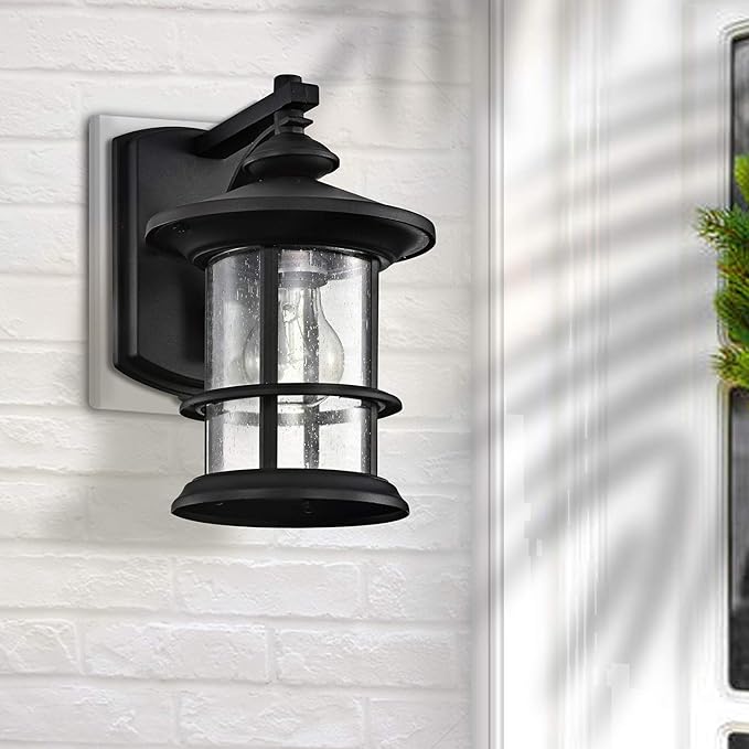 MICSIU 100W Max Modern Industrial Outdoor Wall Light, 10 Inch Textured Black Metal Exterior Sconce, Clear Seedy Glass Porch Light for Entryway, Garage, or Bathroom