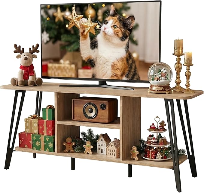 Manora TV Stand for TVs up to 55 Inch, Simple Modern Entertainment Center with 3 Tier Open Storage Shelves, TV Console Table for for Living Room, Bedroom, Oak