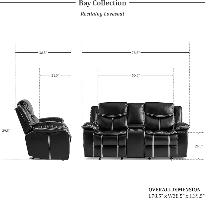 Lexicon Bay Manual Reclining Living Room Sofa Set, 3-Piece, Black