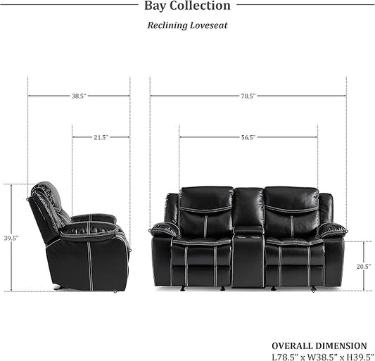 Lexicon Bay Manual Double Glider Reclining Loveseat, Black