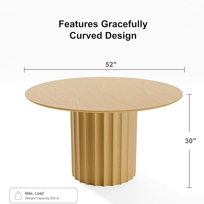 Casaphoria 52" Round Dining Table, Modern Wood Kitchen Table with Cylindrical Wide Bar Concave Base for Living Room & Dining Room, Easy Assembly Farmhouse Furniture for 4-6, Oak