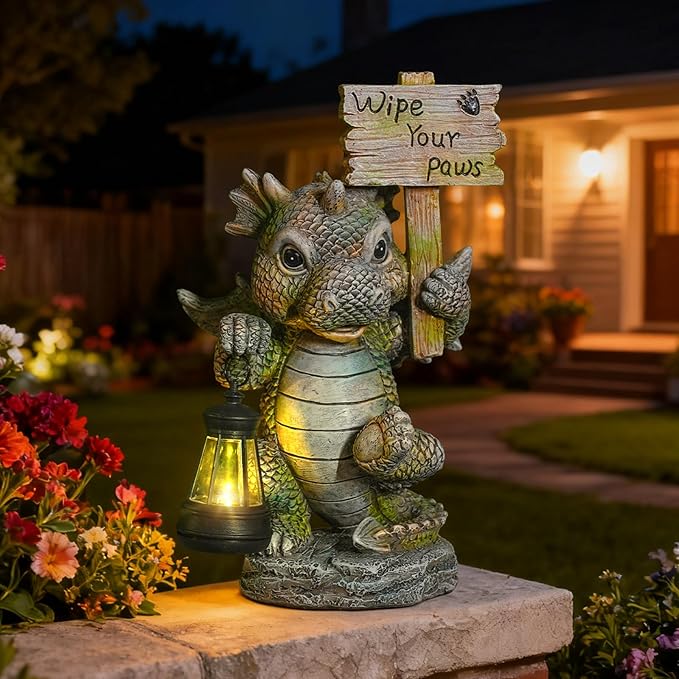 Solar Dragon Garden Statue with Lantern, Resin Outdoor Yard Decor Figurine, Waterproof Solar Powered Light for Patio, Lawn, Walkway & Front Porch (Dragon)