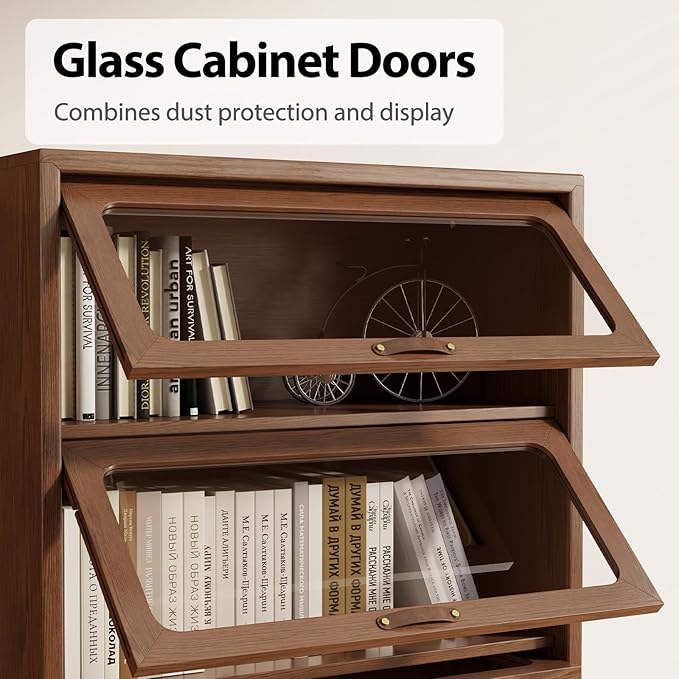 AQIMUELE Solid Wood Storage Cabinet with Glass Doors, 3 Shelf Small Storage Cabinet, Mid Century Modern Bookcase, Kitchen Pantry Cabinet (Walnut-Clear Glass, 31.5" W)