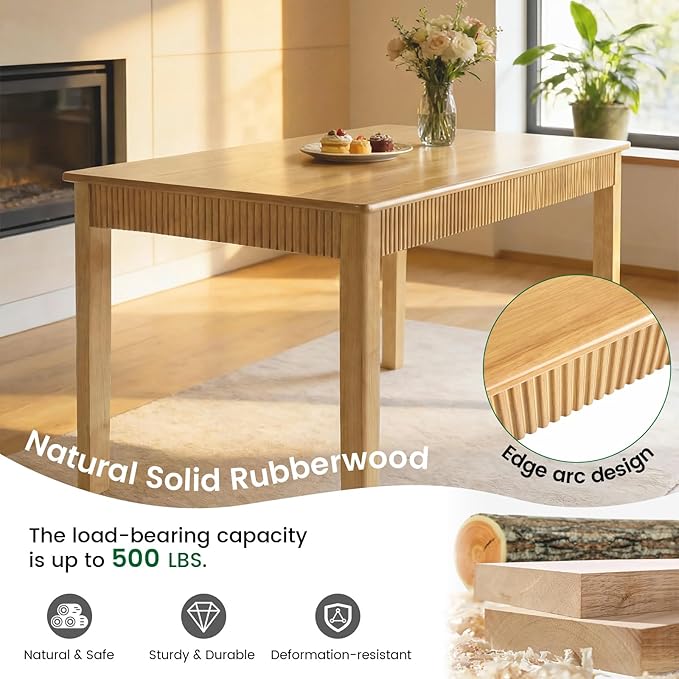 55" Solid Wood Dining Room Table for 4-6,Modern Farmhouse Rectangular Kitchen Real Wooden Table,Mid Century Fluted Design Large Furniture Desk for Home,Apartment,Living Room Nature