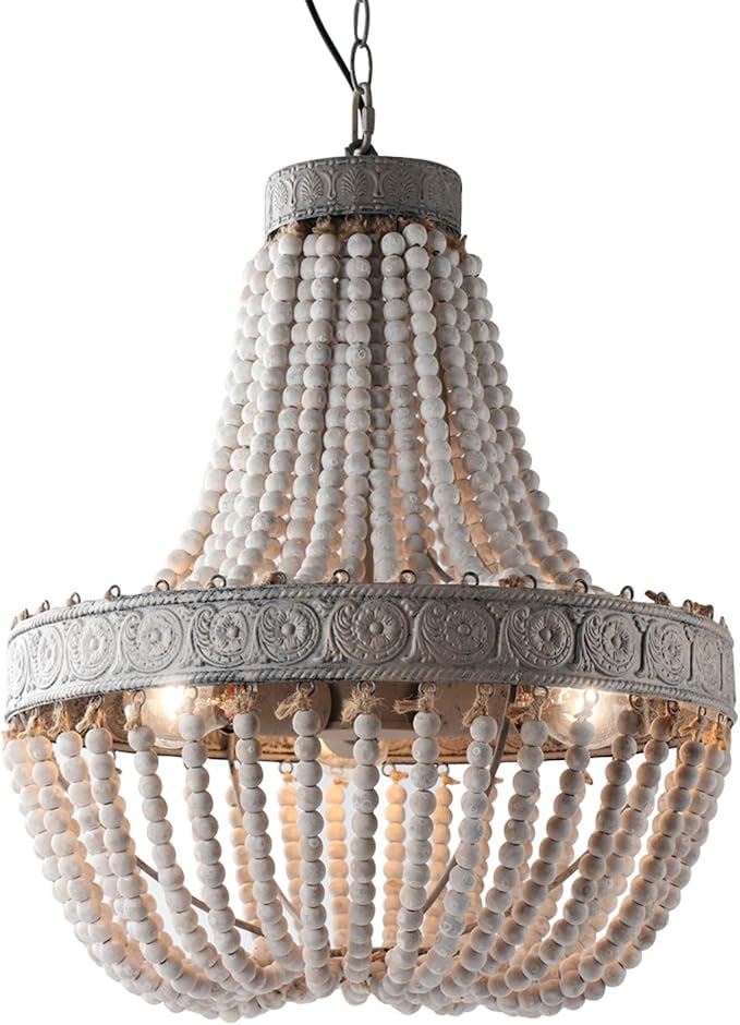 Newrays Wood Beaded Chandelier Pendant Three Lights Gray White Finishing Retro Vintage Antique Rustic Kitchen Ceiling Lamp Light Fixtures(18.52 in*21.3 in)