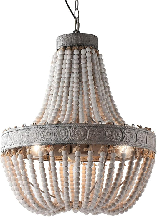 Newrays Wood Beaded Chandelier Pendant Three Lights Gray White Finishing Retro Vintage Antique Rustic Kitchen Ceiling Lamp Light Fixtures(18.52 in*21.3 in)