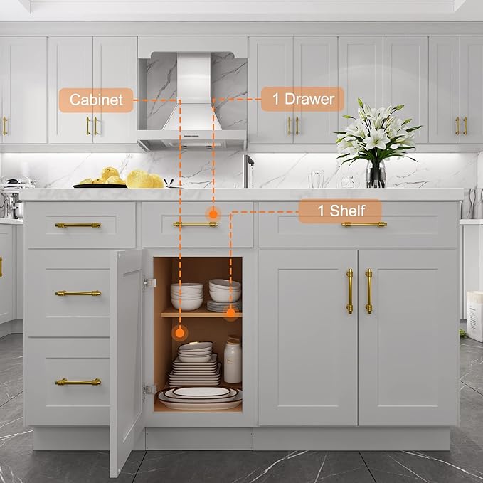 LOVMOR Kitchen Base Cabinets, Sideboard Storage Cabinet, Entryway Cabinet with 1-Drawer & Adjustable Shelf, 15" W X 24" D X 34-1/2"H (Light Gray)
