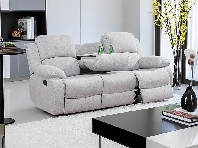 Manual Reclining Sofa Modern Fabric Reclining Sofa Couch in 3 Seats Living Room Couch with Cup Holders & Drop Down Table for Living Room/Office/Rv Car (Grey White, 3 Seater Sofa)