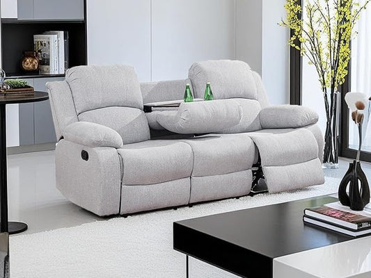 Manual Reclining Sofa Modern Fabric Reclining Sofa Couch in 3 Seats Living Room Couch with Cup Holders & Drop Down Table for Living Room/Office/Rv Car (Grey White, 3 Seater Sofa)
